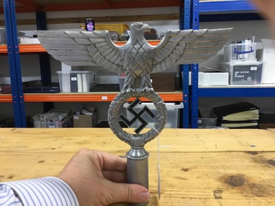 Lot 714 - Second World War period Nazi aluminium civic standard mount in the form of an Eagle clutching a laurel wreath with central Swastika, stamped RZM M4/40/38, 25cm in overall length