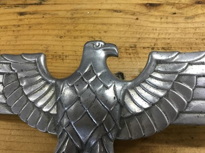 Lot 714 - Second World War period Nazi aluminium civic standard mount in the form of an Eagle clutching a laurel wreath with central Swastika, stamped RZM M4/40/38, 25cm in overall length