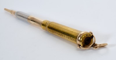 Lot 11 - Rare Victorian gold mounted novelty General Gordon commemorative bullet propelling pencil by Mappin Brothers , the brass bullet base engraved 'Remember Gordon ' and ' Omdurman' with gold swivel wat...