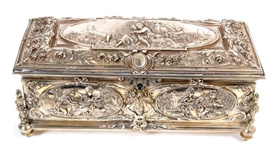 Lot 434 - 19th Century French Silver plated casket of rectangular form, with decorative cast panels