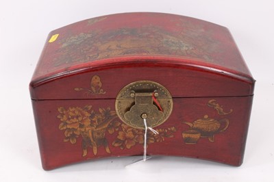Lot 97 - Chinese red wooden chest containing collection Chinese hard stone pendants, necklaces, bracelets and hangings