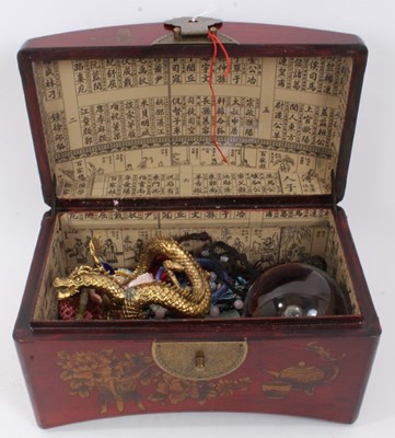 Lot 97 - Chinese red wooden chest containing collection Chinese hard stone pendants, necklaces, bracelets and hangings