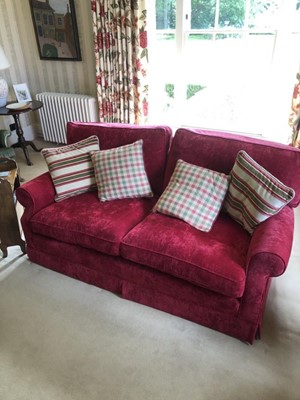 Lot 1413 - Good quality hand-made two seater sofa upholstered in Colefax & Fowler red fabric, with loose cushions, approximately 190cm wide x 90cm deep, together with a matching armchair upholstered in Colefa...