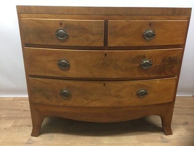 Lot 1416 - Georgian mahogany bow front chest of two short and two long drawers, with brass oval handles, on splayed bracket feet, 107cm wide x 54cm deep x 92cm high