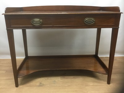 Lot 1418 - 19th century mahogany wash stand, the raised gallery above a single long drawer and tier below, on sqaure taper legs, 105cm wide x 51cm deep x 82cm high