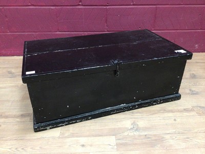 Lot 338 - Victorian black painted pine trunk, brass fender and trivet