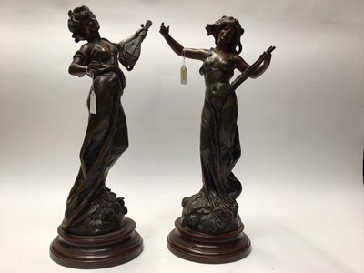 Lot 2203 - Pair of Art Nouveau style bronzed spelter figures of female musicians, on turned wood bases (2)