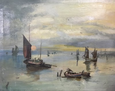 Lot 574 - Continental oil on canvas seascape and a watercolour of a battleship, two models of battleships