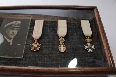 Lot 764 - Collection of seven miniature medals comprising C.B.E., M.V.O. First World War Victory medal, 1935 Silver Jubilee medal, Order of St Anislaus, Order of The Dannenburg