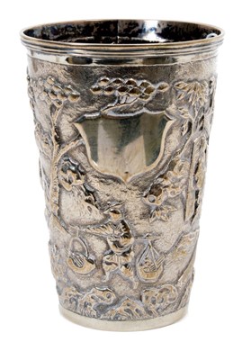 Lot 409 - Late 19th early 20th century Chinese silver beaker of tapering cylindrical form, with reeded rim