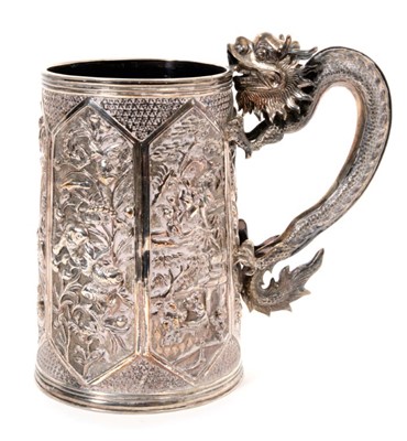 Lot 410 - 19th century Chinese export silver mug of tapering cylindrical form, dragon form handle
