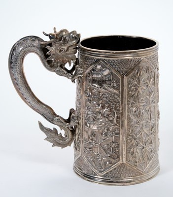 Lot 410 - 19th century Chinese export silver mug of tapering cylindrical form, dragon form handle