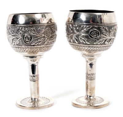 Lot 416 - Pair contemporary silver goblets of conventional form, with bands of floral decoration