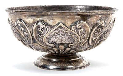 Lot 417 - Late Victorian silver bowl of circular form, with raised scroll and floral decoration