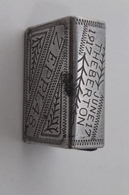 Lot 620 - First World War Matchbox cover with engraved decoration depicting the shooting down of German Zeppelin L48 in Theberton on June 17th 1917