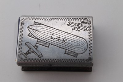 Lot 620 - First World War Matchbox cover with engraved decoration depicting the shooting down of German Zeppelin L48 in Theberton on June 17th 1917