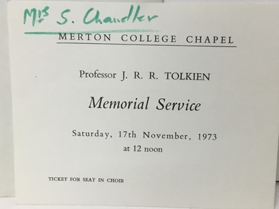 Lot 1474 - Of Tolkien interest - Entry ticket to the Memorial service for J. R. R. Tolkien, Merton College Chapel, Saturday 17th November 1973