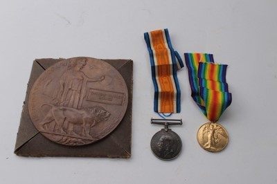 Lot 627 - First World War Memorial (Death) Plaque named to Thomas Aubrey Barnes together with War and Victory medals named to B- 19967 PTE. T. A. Barnes. R.Fus. Along with his medals and memorial plaque is v...