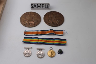 Lot 628 - First World War Family memorial (Death) plaques named to brothers Stanley King and Alfred Bert King, War and Victory medals named to 17303 PTE. S. King. E. Surr. R. and War medal named to 06745 PTE...