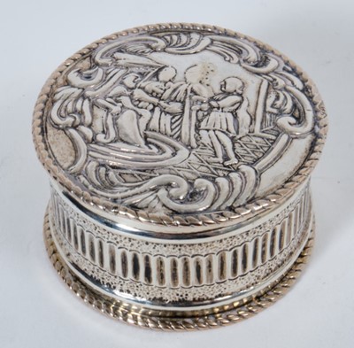 Lot 421 - Late 19th/early 20th century white metal box of circular form, with gilded interior