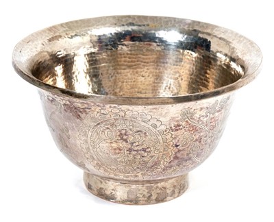 Lot 422 - Far Eastern white metal bowl, with spot hammered finish, three engraved cartouches