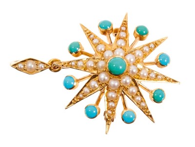 Lot 590 - Victorian gold turquoise and seed pearl star shape pendant brooch