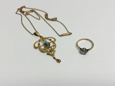 Lot 592 - Edwardian Art Nouveau 9ct gold and turquoise pendant on chain, together with a 9ct gold single stone ring