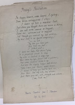 Lot 1481 - Edmund Blunden (1896-1974) handwritten poem in his own hand. with dedication to Pamela Chandler