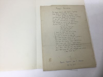 Lot 1481 - Edmund Blunden (1896-1974) handwritten poem in his own hand. with dedication to Pamela Chandler