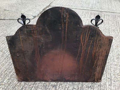 Lot 1539 - Cast iron fire back, fire basket and firedogs