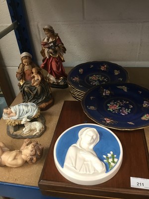 Lot 211 - Ceramics including a small Continental religious relief plaque, set of Copeland lustre dishes, nativity figures and a cased set of fish knives and forks