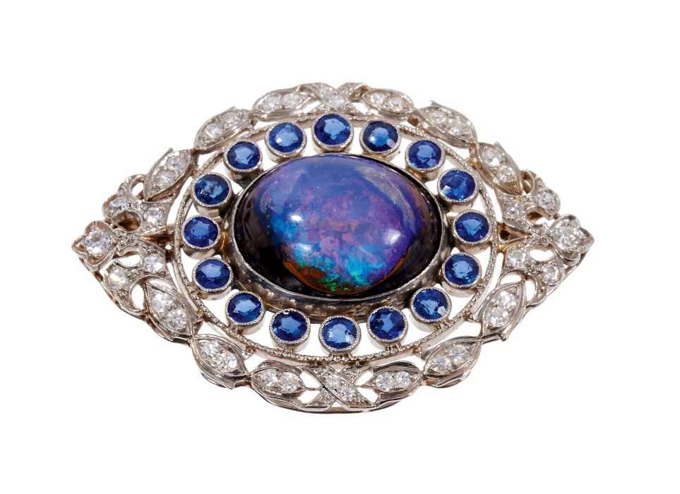 Lot 583 - Fine Edwardian black opal sapphire and diamond oval plaque brooch