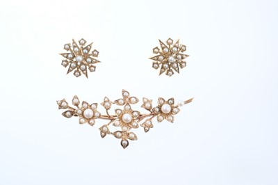 Lot 639 - Victorian style 9ct gold and seed pearl floral spray brooch together with similar pair of star shape earrings