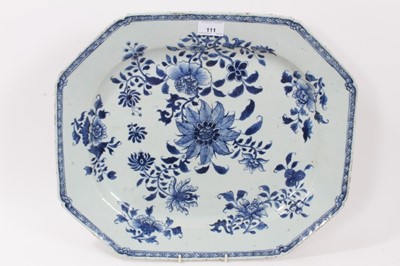 Lot 111 - Large pair of 18th century Chinese blue and white porcelain platters, of octagonal form, decorated with floral sprays, 45cm x 38cm