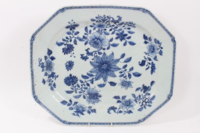 Lot 111 - Large pair of 18th century Chinese blue and white porcelain platters, of octagonal form, decorated with floral sprays, 45cm x 38cm