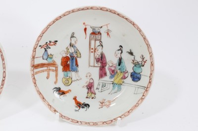 Lot 114 - Small collection of 18th century Chinese famille rose porcelain, including three saucers, a tea bowl, an armorial cup and a further bowl (6)