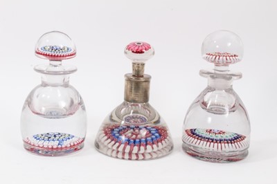 Lot 117 - Three English millefiori cane paperweights / inkwells and stoppers, one dated 1976, 15.5cm to 17.5cm high