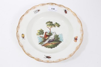 Lot 118 - 18th century Meissen porcelain dish, decorated with two birds stood under a tree, insects around the edge, 23.5cm diameter