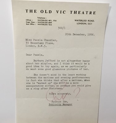 Lot 1489 - Pamela Chandler (1928-1993) collection of materials relating to The Old Vic