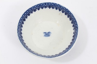 Lot 119 - Late 18th century English blue and white porcelain patty pan, probably Caughley, printed with two Chinoiserie scenes, pattern inside the rim, 9.75cm diameter
