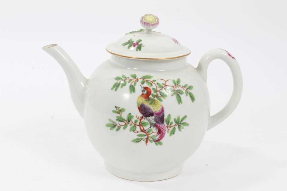 Lot 120 - 18th century Worcester polychrome teapot, painted with exotic birds, 15.5cm high