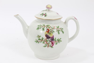 Lot 120 - 18th century Worcester polychrome teapot, painted with exotic birds, 15.5cm high