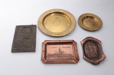 Lot 719 - First World War period brass dish engraved- 1914 - 1918 Ewart Goodsall, with badge for the Army Remount Service, together with a Kings Own Scottish Borderers brass dish, two other military dishes a...