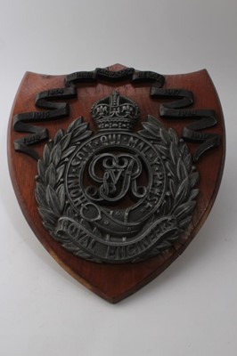 Lot 720 - George V Royal Engineers Regimental Plaque for 118th Railway Coy. RE(ME), with battle honours from 1914 - 1919, mounted on an on shield, 35.5 x 31cm