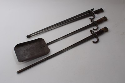 Lot 721 - Unusual Fire companion set comprising poker, tongs and shovel, all constructed from First World War French 1874 pattern Gras bayonets (3)