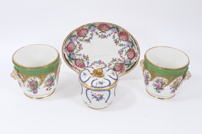 Lot 124 - Pair of Paris Feuillet porcelain planters, painted with floral sprays on a green and gilt-patterned ground, inscribed marks to bases, 12cm high, together with a dish and sucrier both with Sevres st...