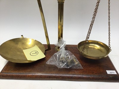 Lot 2273 - Antique brass shop scales on mahogany base