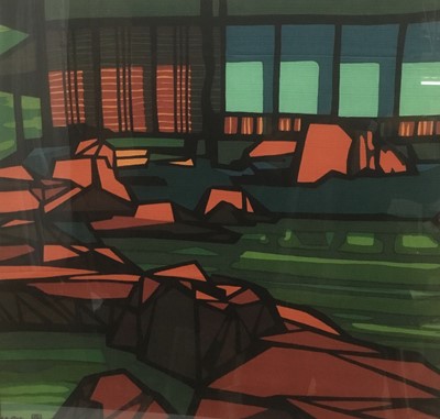 Lot 319 - Clifton Karhu, (1927-2007), American/Japanese, printed on cotton, Japanese Garden, framed
