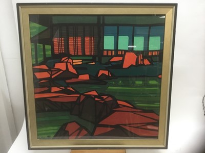 Lot 319 - Clifton Karhu, (1927-2007), American/Japanese, printed on cotton, Japanese Garden, framed