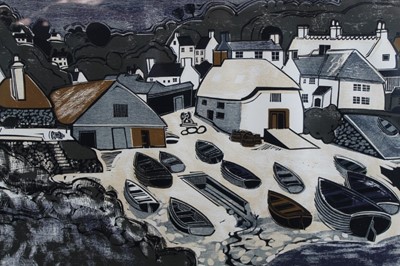 Lot 1223 - Graham Clarke, woodcut, Cadgwith number 8/50, framed